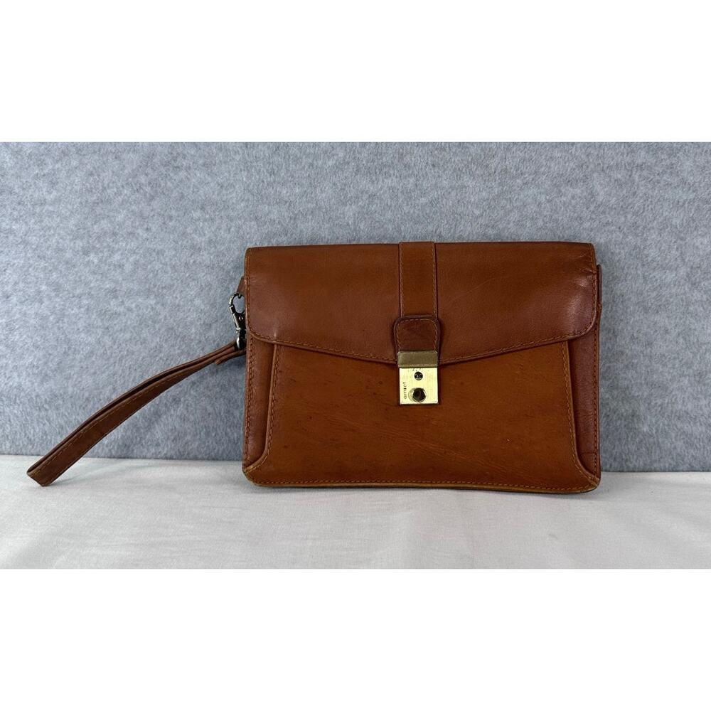 Vintage Amiet Genuine Leather Congac Brown Clutch Wristlet Envelope Style